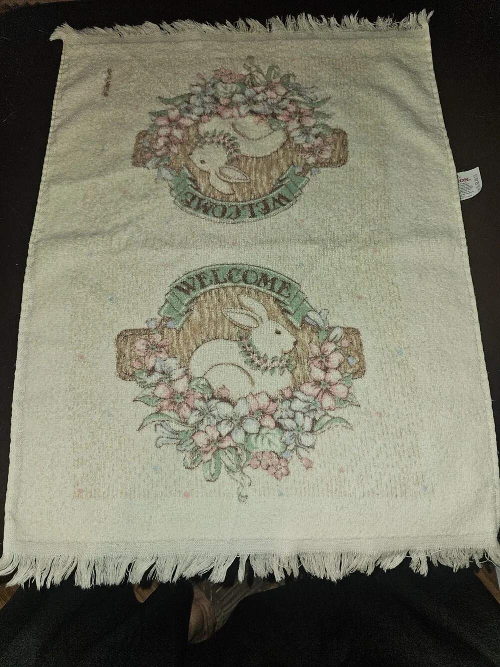 VTG Cannon Floral Terry Kitchen Towel Cream Mauve Fringe Bunny Cottagecore